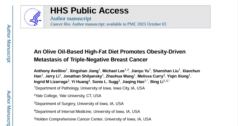 An Olive Oil-Based High-Fat Diet Promotes Obesity-Driven Metastasis of Triple-Negative Breast Cancer